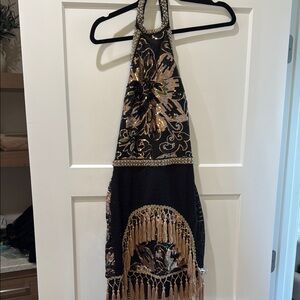 Black and Gold Halter Dress with Fringe